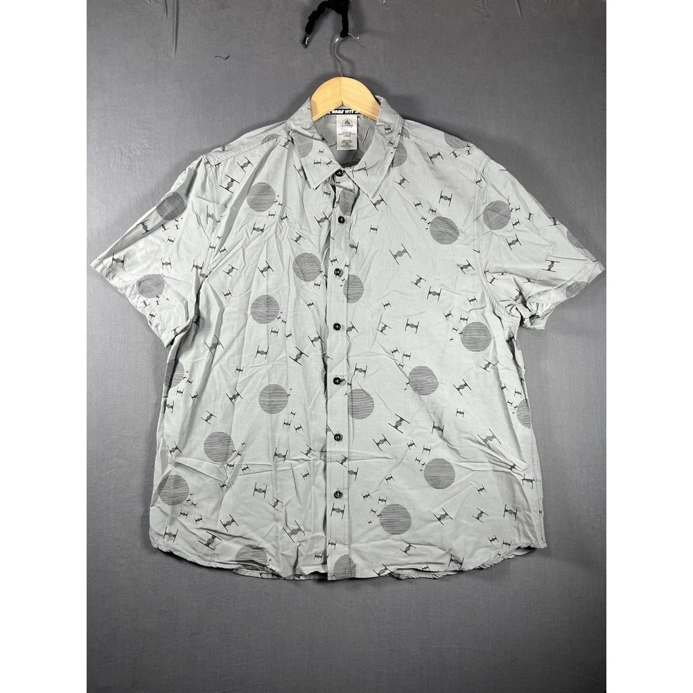 Disney Parks Star Wars Men's L Cotton TIE Fighters Graphic Button-Up Gray Collar